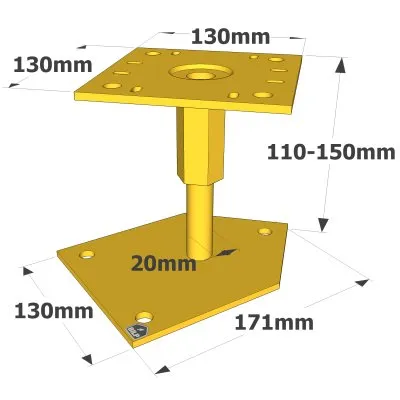 Pied de poteau pour angle de dalle béton, hauteur réglable : 100 à 150 mm - Réf. PBLR
