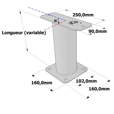 Poteau structurel OSP - D102mm - Platine haute rectangulaire 90x250mm - Embase 160x160mm - Réf. SP1-SP5Ø102_90x250