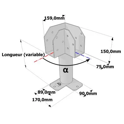 Poteau structurel OSP - D89mm - Platine haute en L 75x159x150mm - Embase en angle 90x170mm - Réf. SP4-SP7Ø89_75x159