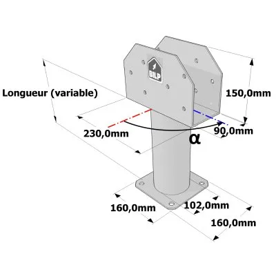 Poteau structurel OSP - D102mm - Platine haute en U 90x230x150mm - Embase 160x160mm - Réf. SP1-SP6Ø102_90x230