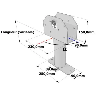 Poteau structurel OSP - D89mm - Platine haute en U 90x230x150mm - Embase rectangulaire 90x250mm - Réf. SP5-SP6Ø89_90x230