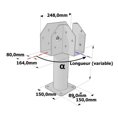 Poteau structurel OSP - D89mm - Platine haute en T 80x164x150mm - Embase 150x150mm - Réf. SP1-SP8Ø89_80x164