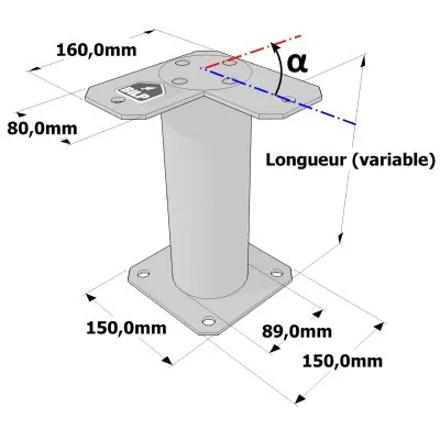 Poteau structurel OSP - D89mm - Platine haute en angle 80x160mm - Embase 150x150mm - Réf. SP1-SP4Ø89_80x160
