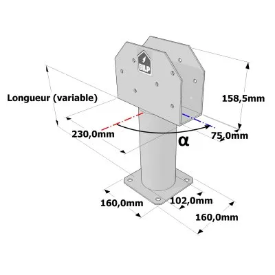 Poteau structurel OSP - D102mm - Platine haute en U 75x230x158,5mm - Embase 160x160mm - Réf. SP1-SP6Ø102_75x230
