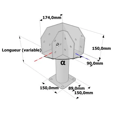 Poteau structurel OSP - D89mm - Platine haute en L 90x174x150mm - Embase 150x150mm - Réf. SP1-SP7Ø89_90x174