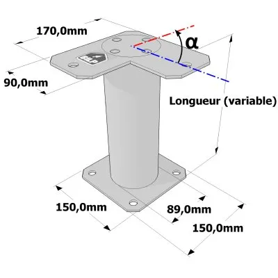 Poteau structurel OSP - D89mm - Platine haute en angle 90x170mm - Embase 150x150mm - Réf. SP1-SP4Ø89_90x170